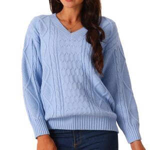 V Neck Long Sleeve Casual Loose Chunky Warm Pullover Sweater Top Blue